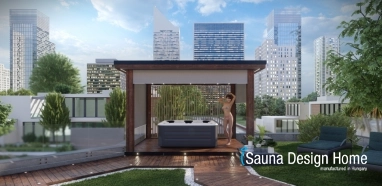 Venkovní obložení pergoly z masivního dřeva s náladovým LED osvětlením