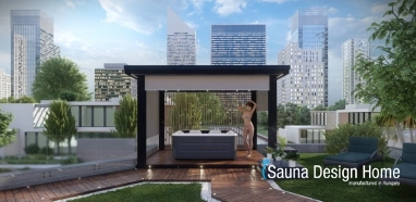 Venkovní obložení pergoly z masivního dřeva s náladovým LED osvětlením